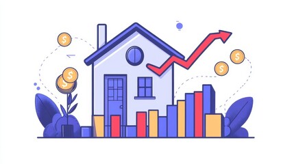 Illustration of a modern house with finance elements depicting growth in real estate, featuring graphs, dollar signs, and decorative plants for a vibrant economic theme
