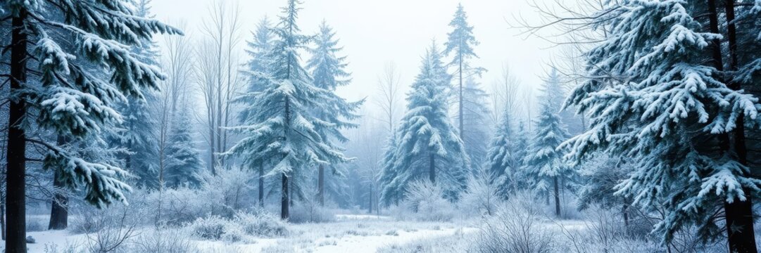 Snow-covered pine trees creating a winter wonderland in a glittering magic forest, woodland, holiday, cold