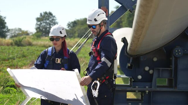 VDO 4K, Engineers in safety gear conduct a detailed inspection of wind turbine blades at a construction site. Large blades are placed on the ground, highlighting the renewable energy technology.