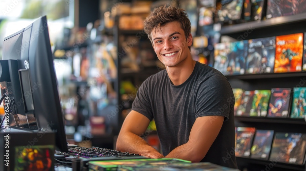 Poster a young man smiles at a computer in a game store filled with various game s.