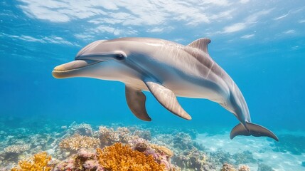 Obraz premium The majestic dolphin gracefully glides through the crystal clear water, its sleek body shimmering in the sunlight as it navigates through a coral reef teeming with vibrant hues