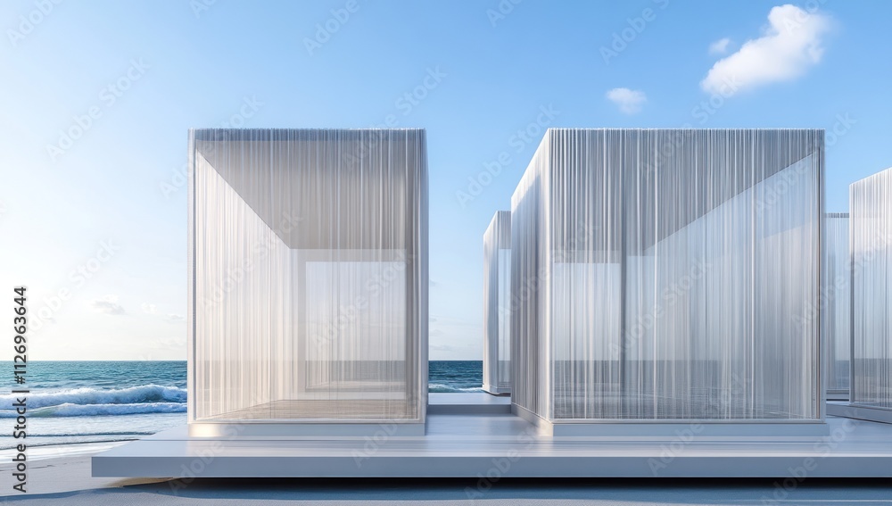Poster modern architectural structures by the sea with sheer curtains and a serene backdrop.