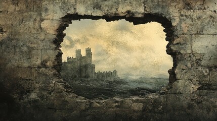 Scenic View of Ruined Castle Through Ancient Stone Wall with Dramatic Sky and Ocean in Background