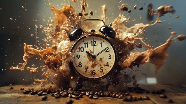 An exploding alarm clock, coffee beans and liquid flying outward in a chaotic yet artistic morning wake-up scene.