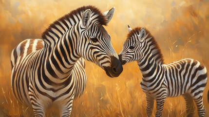Zebra i jej źrebię delikatnie stykają się pyskami na złotej sawannie, ukazując czułość i więź rodzinną w dzikiej naturze.
