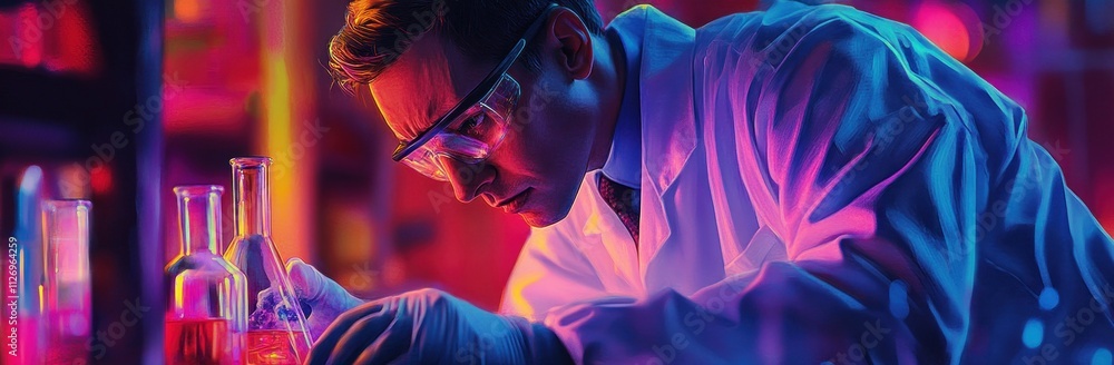 Poster a scientist conducts experiments in a colorful laboratory filled with glassware.