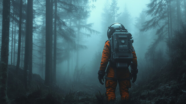 Kosmiczny wędrowiec w zamglonym lesie, gdzie eksploracja ludzi splata się z zagadkami natury i obcym klimatem.
