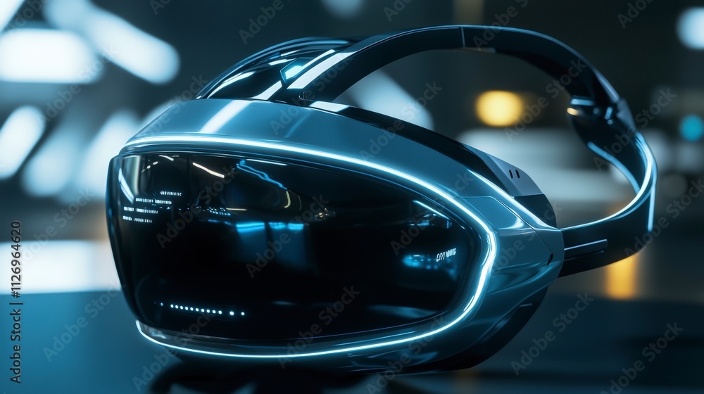 Poster futuristic virtual reality headset displayed in high-tech urban environment immersive technology sho