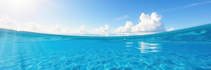 Vibrant blue ocean water surface with sunlight penetrating through cloudy sky, showcasing underwater marine life, sky, tranquil, ecosystem