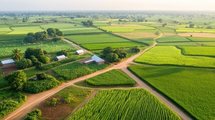 Fototapeta premium selective focus Aerial view of rural farmland landscape with lush green fields and dirt roads