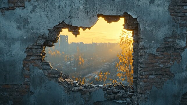 Abandoned Urban Landscape: Broken Wall Opening to Vibrant Sunrise Over City Ruins and Nature