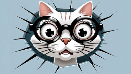 Obraz premium Surprised white cat wearing glasses and peeking through torn paper