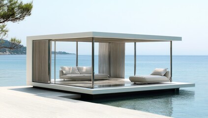 A modern beachfront pavilion with sleek design and serene ocean views.