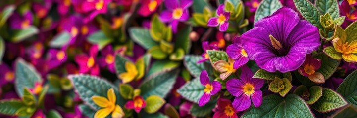 Vibrant purple flower petals and leaves in a lush garden setting, foliage, macro, texture