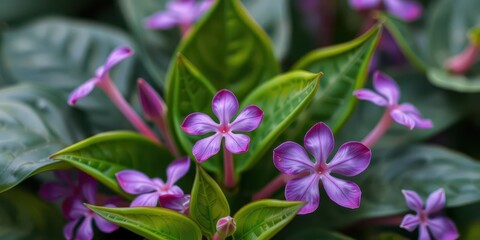Vibrant purple flower petals and lush green leaves in a close-up shot, leaves, close-up