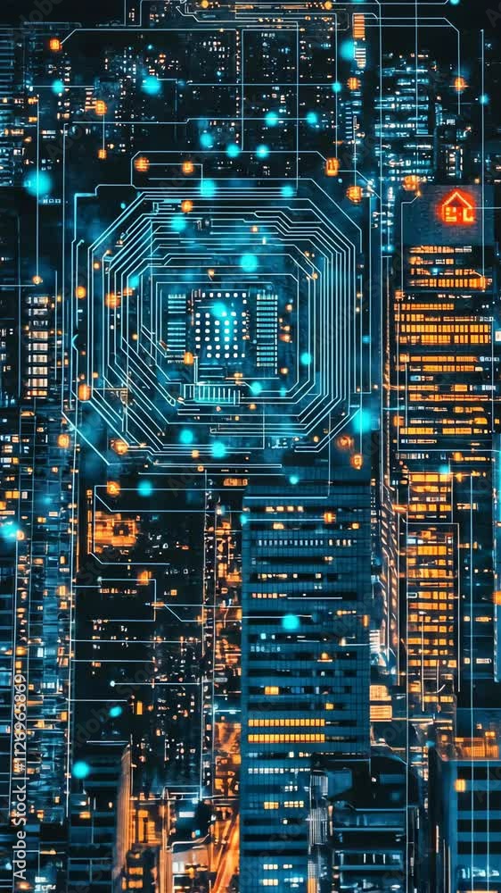 Aufkleber bright city skyline illuminated by technology with circuit patterns at night in an urban setting