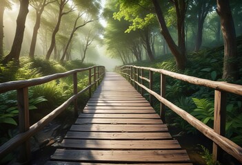 Obraz premium Idyllic wooden bridge pathway in a verdant forest setting, outdoor landscape, forest scenery, tranquil trail, green foliage, woodland trek