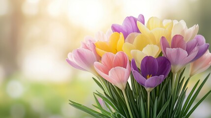 Fototapeta premium A stunning array of delicate petals in shades of pink, purple, and yellow, bursting forth from verdant green stems, creating a vibrant tapestry of color in the spring sunshine.