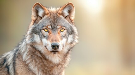 Fototapeta premium A close up portrait of a grey wolf with piercing yellow eyes, showing detailed fur texture and a strong, intense gaze, with plenty of copy space on one side for text or design elements.