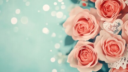 Romantic Vintage Floral Valentine's Day Background with Lace Heart and Soft Bokeh Lighting