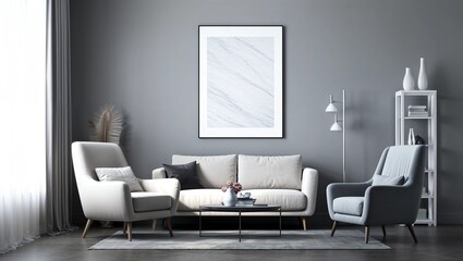 Gray living room armchair and poster