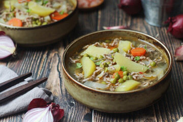 A bowl with traditional German dish - stew Eintopf