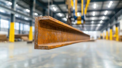 A steel beam, measuring 12 inches in width and 20 feet in length, is carefully inspected for any imperfections before being hoisted into place by a crane in the industrial warehouse.