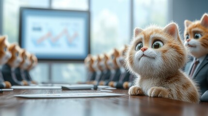 The boardroom table is surrounded by Cats dressed in business suits