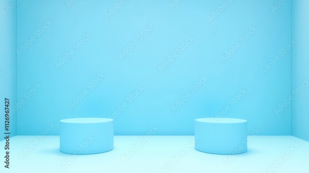 Poster minimalist blue room with two round tables and empty space for display