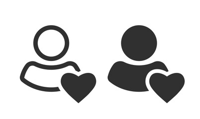 Legacy user contact icon vector, person love heart sign symbol simple graphic line stroke outline pictogram, man health care minimal ui silhouette set, loyal customer client solid black logo image