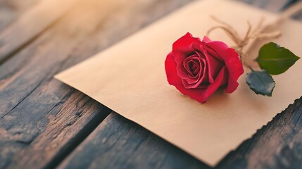 Romantic Red Rose on Vintage Envelope with Twine on Rustic Wooden Surface, Symbolizing Love, Affection, and Sentimentality for Special Occasions and Celebrations