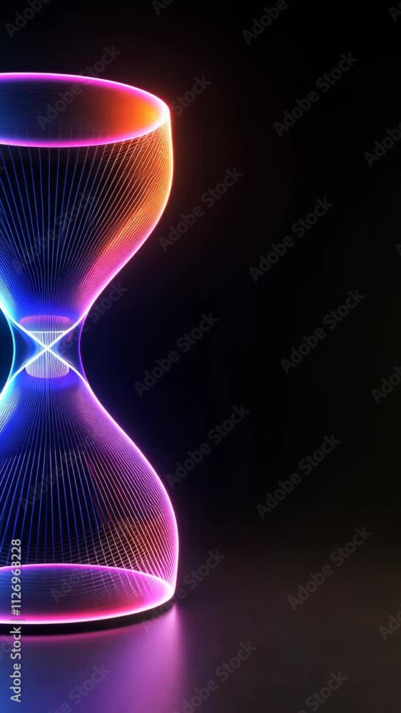 Poster digital hourglass shape illuminated with colorful neon lines in a dark setting