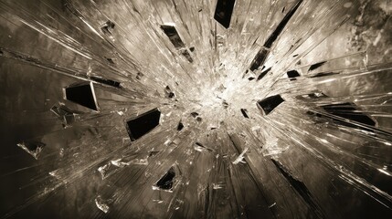 Dramatic Explosion of Shattered Glass Fragments Creating Dynamic Patterns and Textures in Monochrome