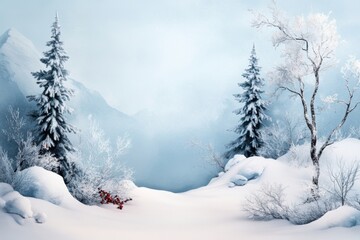 Obraz premium winter wonderland illustration, tranquil christmas scene snowy trees against soft blue sky creating holiday ambiance for greetings