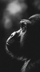 A close-up profile of a gorilla, showcasing its expressive features in black and white.