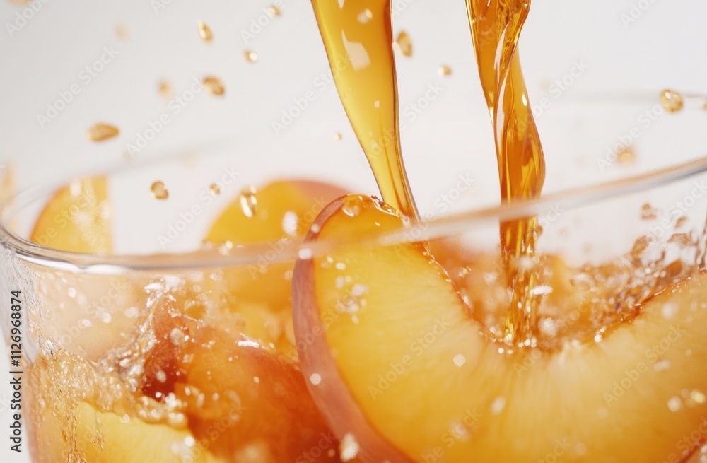Poster a refreshing drink with peach slices and splashes of liquid.