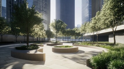 A serene urban park with modern architecture, featuring greenery and seating areas.