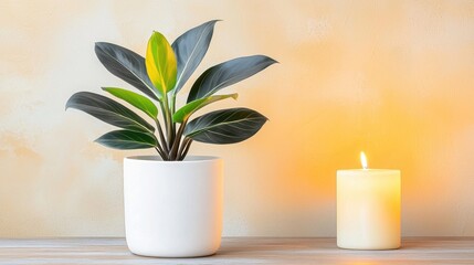 The black and white plant, with dark leaves and light veins, is nestled in a pristine white pot, placed elegantly on a wooden table next to a flickering candle