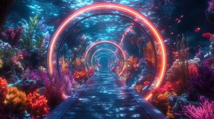 A magical underwater glass corridor surrounded by colorful coral and plants, leading to a luminous circular doorway with neon accents