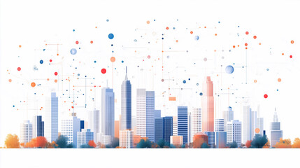 Obraz premium Cityscape of Innovation: A futuristic cityscape emerges from a vibrant sea of data points, representing the interconnected nature of technology, innovation, and progress.