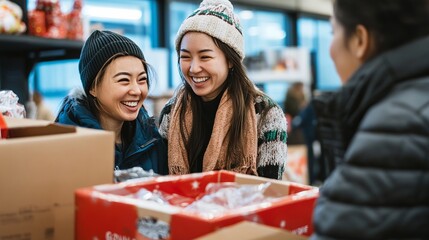 Two women are smiling at each other while looking at a box