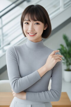 現代的なオフィスの階段で笑顔の若い女性