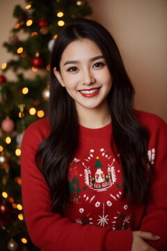 笑顔の若い女性とクリスマスツリー