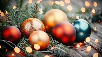 A festive Christmas background featuring an assortment of colorful balls, ranging from shiny metallic to sparkling glitter, delicately arranged amid twinkling lights and evergreen branches.