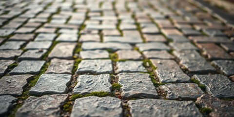 A Close-Up View of a Stone Pavement with Moss Growing Between the Stones