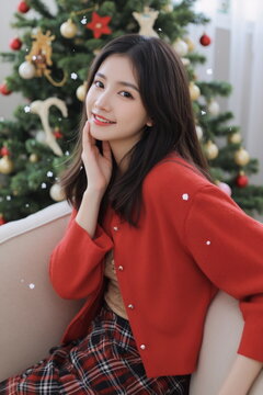 クリスマスの笑顔 &mdash; 暖かいセーターの若い女性
