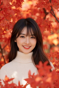 秋の紅葉と笑顔の女性