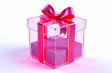 Obraz premium Volumetric transparent neon gift box with glitter inside, white background.
