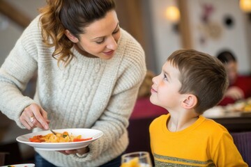 A mother serves a plate of food to her young son, who gazes up at her with curiosity and excitement. They are in a warm and inviting restaurant, enjoying a special lunch together.