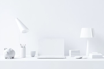 3D rendered image of a modern, clean and professional home office setup with minimalistic furniture, . Perfect for use as a background in investment and savings advertisements,